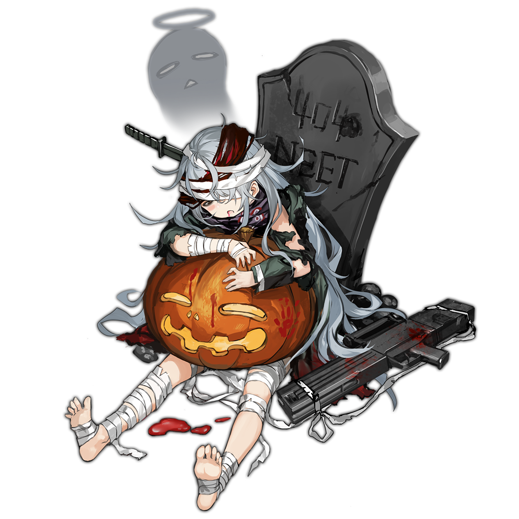 assault_rifle bags_under_eyes bandages blood blush_stickers full_body g11 g11_(girls_frontline) girls_frontline giving_up_the_ghost gun infukun jacket knife looking_at_viewer official_art pumpkin rifle solo tombstone torn_clothes transparent_background weapon
