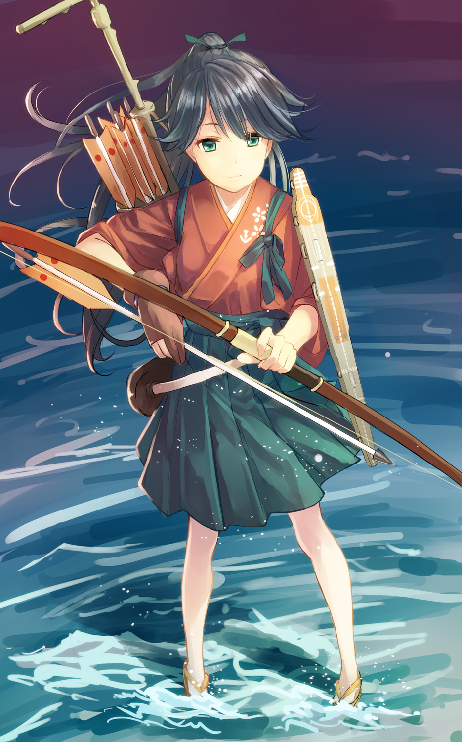 arrow bangs black_hair bow_(weapon) brown_gloves closed_mouth commentary_request flight_deck full_body gloves green_eyes green_ribbon hair_ribbon hakama highres holding holding_weapon houshou_(kantai_collection) japanese_clothes kantai_collection kimono long_hair looking_at_viewer ocean pantyhose partly_fingerless_gloves ponytail quiver ribbon ryokucha_manma sandals single_glove smile solo standing standing_on_liquid tasuki weapon yugake