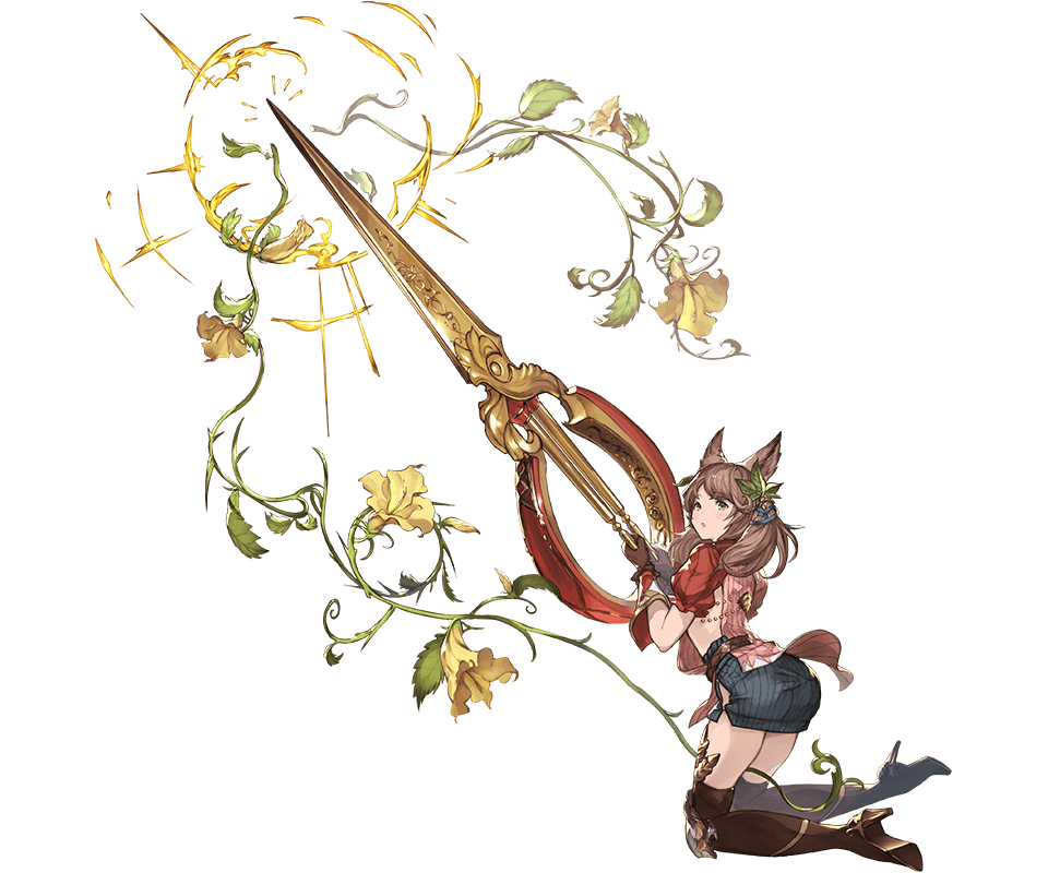 animal_ears ass brown_eyes brown_hair erune flower full_body gloves granblue_fantasy hair_ornament kneeling la_coiffe_(granblue_fantasy) long_hair looking_at_viewer looking_back minaba_hideo miniskirt official_art puffy_sleeves scissors short_sleeves skirt solo thighhighs transparent_background