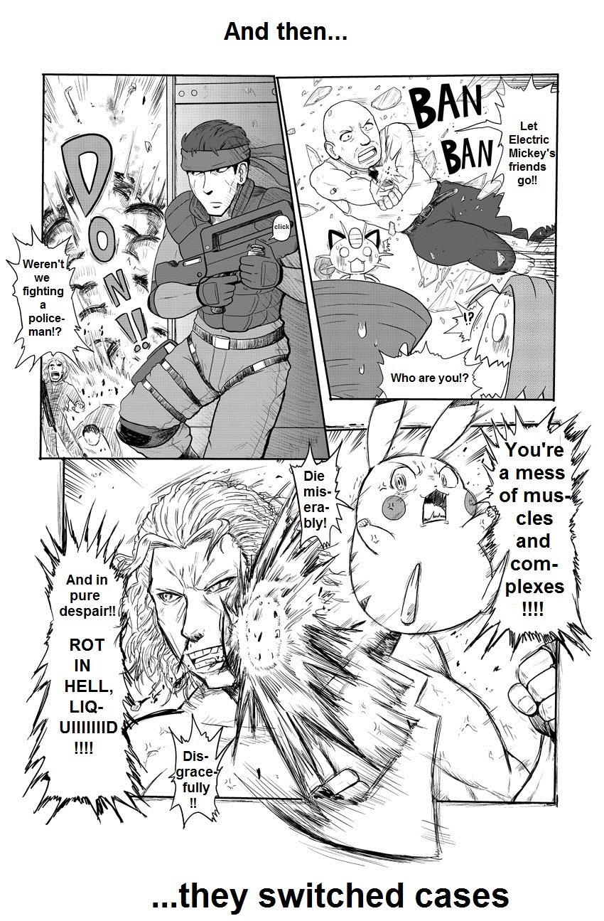 comic crossover die_hard gouguru john_mcclane kojirou_(pokemon) liquid_snake metal_gear monochrome pikachu pokemon solid_snake translated