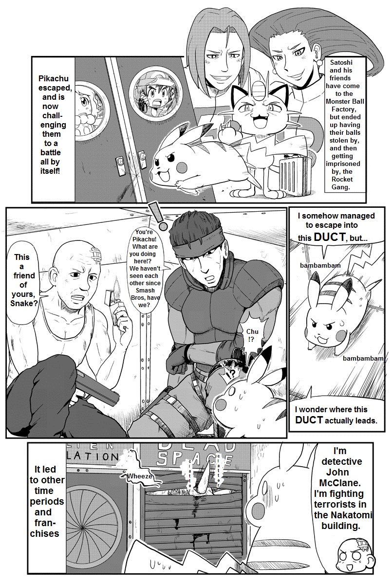 comic crossover die_hard eureka_(pokemon) gouguru john_mcclane kojirou_(pokemon) metal_gear monochrome musashi_(pokemon) pokemon satoshi_(pokemon) serena_(pokemon) solid_snake translated