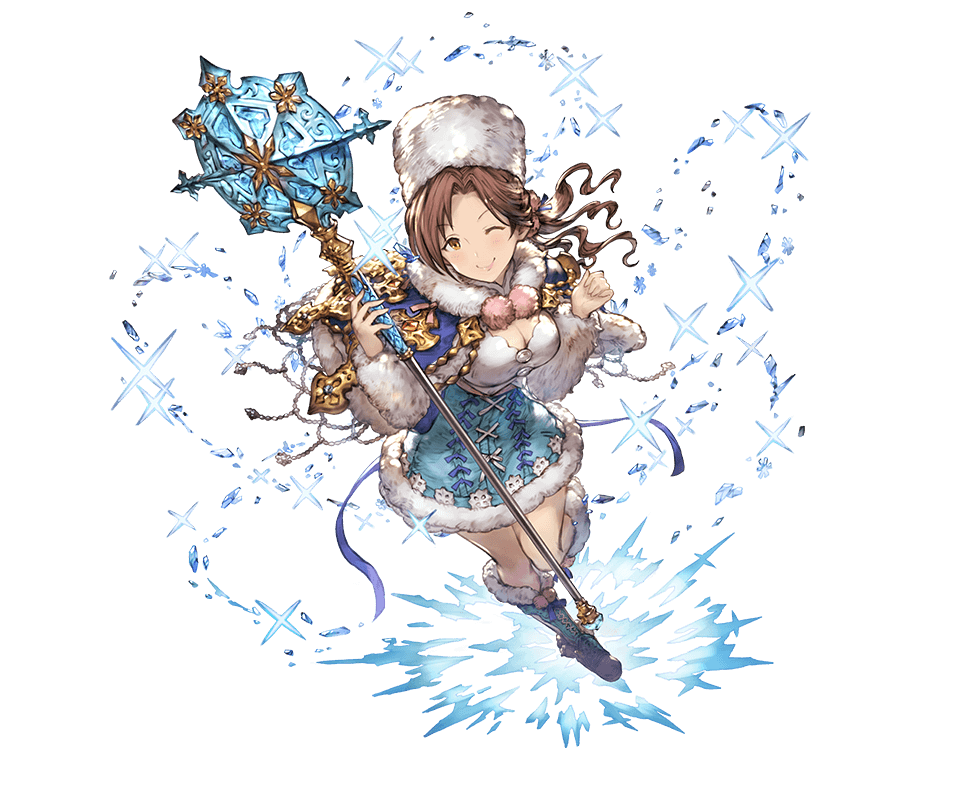 blue_footwear boots breasts brown_eyes brown_hair capelet cleavage cross-laced_footwear full_body fur_boots fur_hat fur_trim granblue_fantasy hat holding ice idolmaster idolmaster_cinderella_girls kawashima_mizuki knee_boots lace-up_boots long_hair looking_at_viewer medium_breasts minaba_hideo official_art one_eye_closed smile solo staff transparent_background winter_clothes