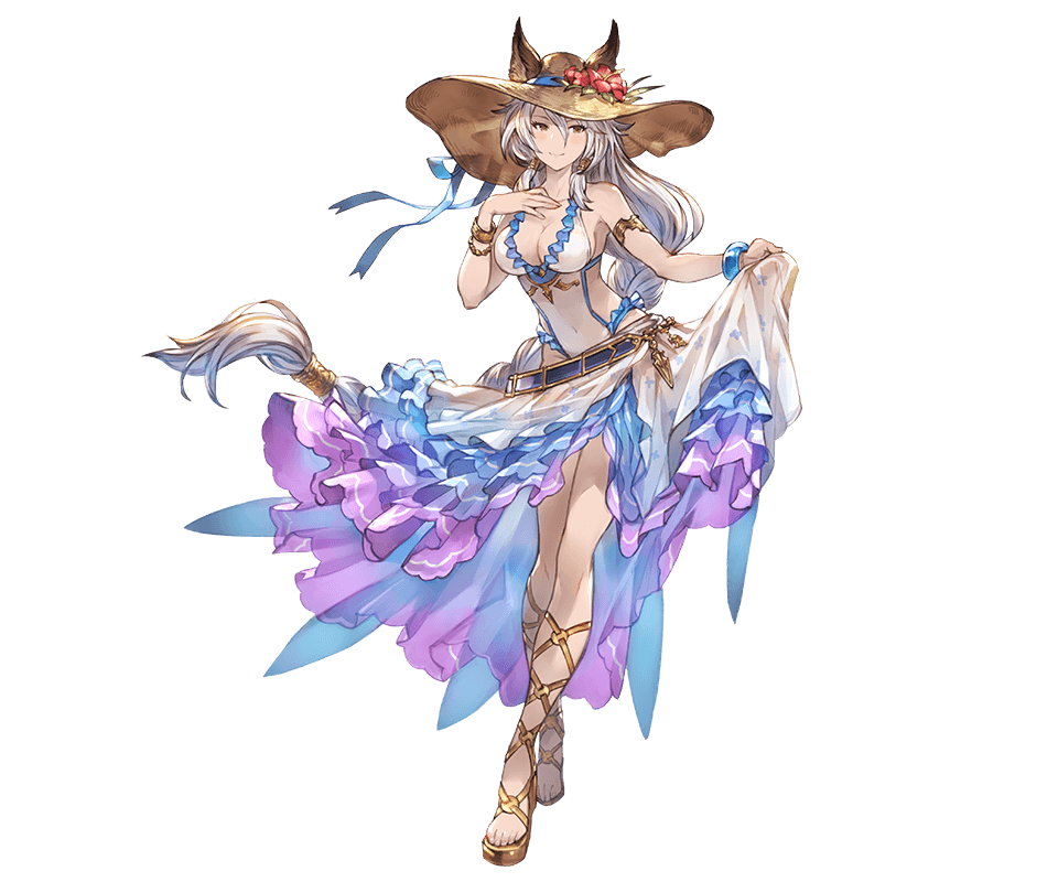 animal_ears armlet bracelet braid brown_eyes ears_through_headwear erune flower full_body granblue_fantasy hand_on_own_chest hat heles jewelry lavender_hair long_hair minaba_hideo official_art one-piece_swimsuit sandals see-through skirt smile solo standing sun_hat swimsuit transparent_background very_long_hair