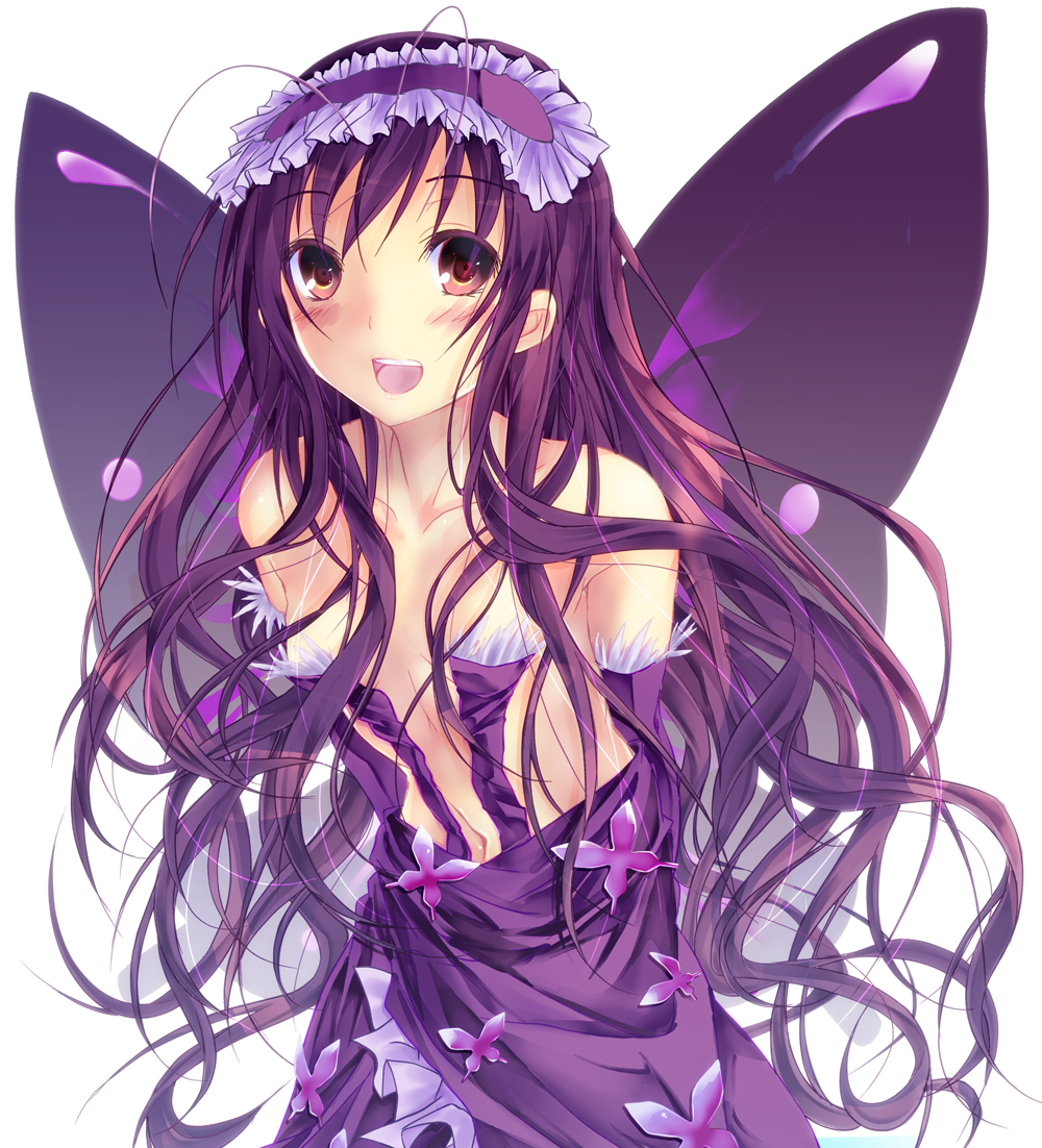 accel_world antenna_hair breasts brown_eyes cleavage collarbone detached_sleeves dress headdress kuroyukihime long_hair navel open_mouth purple_dress purple_hair simple_background small_breasts solo white_background wings yagami_shuuichi