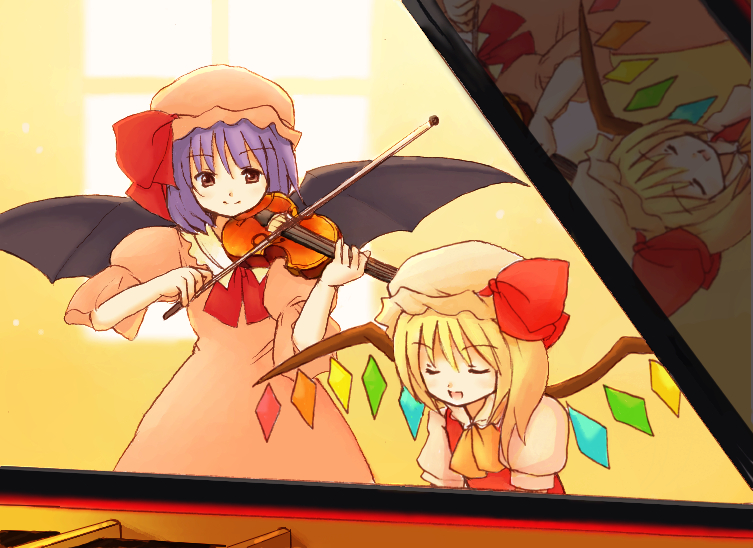 ascot bat_wings blonde_hair closed_eyes dress eijima_moko flandre_scarlet hat hat_ribbon indoors instrument light_particles light_smile multiple_girls music open_mouth piano pink_dress playing_instrument puffy_short_sleeves puffy_sleeves purple_hair red_vest reflection remilia_scarlet ribbon shirt short_hair short_sleeves siblings side_ponytail sisters smile touhou vest violin white_shirt window wings