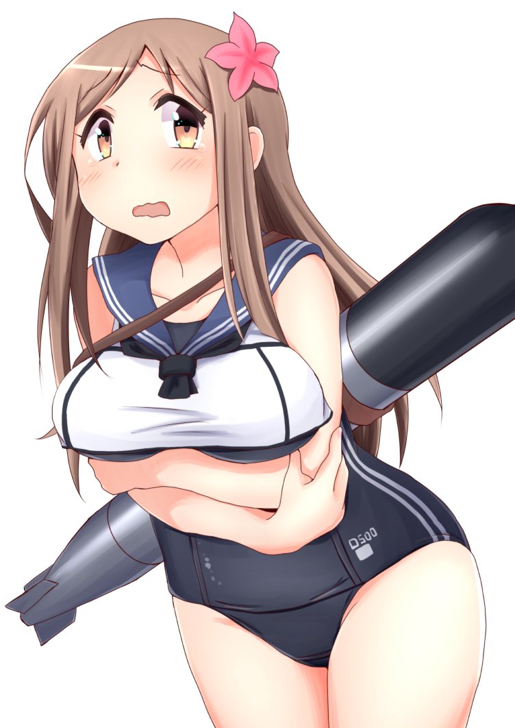 aikawa_chiho breast_hold breasts brown_eyes brown_hair cosplay flower hair_flower hair_ornament hirame_guard kantai_collection kayano_ai large_breasts long_hair looking_at_viewer old_school_swimsuit one-piece_swimsuit open_mouth ro-500_(kantai_collection) ro-500_(kantai_collection)_(cosplay) sailor_collar school_swimsuit school_uniform seiyuu_connection serafuku simple_background solo swimsuit swimsuit_under_clothes tears torpedo wavy_mouth white_background yuyushiki