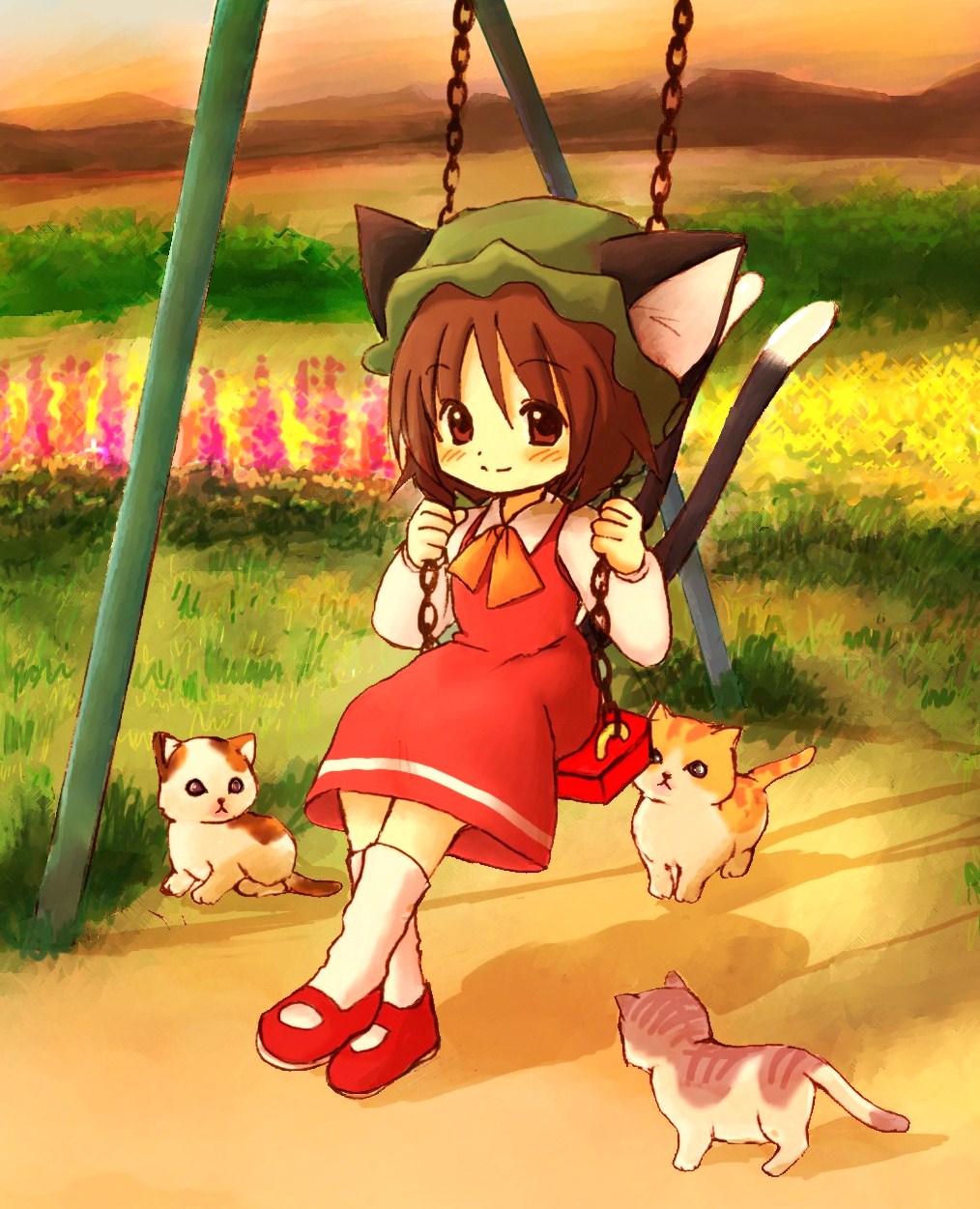 animal animal_ears ascot blush cat cat_ears cat_tail chen collared_shirt dress eijima_moko full_body grass ground highres hill jpeg_artifacts long_sleeves looking_at_viewer mary_janes multiple_tails orange_sky outdoors red_dress red_footwear shadow shirt shoes sky smile socks solo swing tail touhou two_tails white_shirt