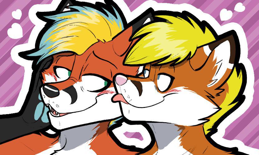 &lt;3 2016 anthro black_fur black_markings black_nose blonde_hair blue_eyes blue_hair blush brown_fur brown_markings canine cj_fox digital_media_(artwork) duo eye_contact face_lick facial_markings fangs fox foxeh frankieancelotti fur green_eyes hair half-closed_eyes licking male male/male mammal markings multicolored_fur multicolored_hair open_mouth orange_fur pattern_background pink_background pink_nose pink_tongue romantic_couple simple_background striped_background teeth tongue tongue_out two_tone_hair white_fur