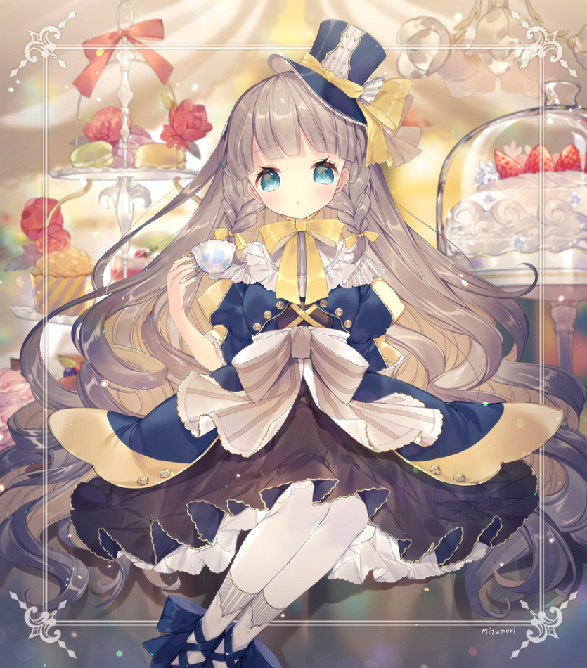 1girl ankle_bow ankle_ribbon aqua_eyes artist_name bangs blue_footwear blush border bow braid cake cross-laced_footwear cup cupcake dress flower food frills fruit grey_hair hair_bow hat hat_bow holding holding_cup long_hair looking_at_viewer macaron mizumori_(xcllcx) neck_ribbon original overskirt pantyhose red_bow red_flower ribbon serving_dome short_sleeves side_braid sitting solo strawberry striped striped_bow teacup tiered_tray top_hat very_long_hair white_legwear yellow_bow yellow_neckwear