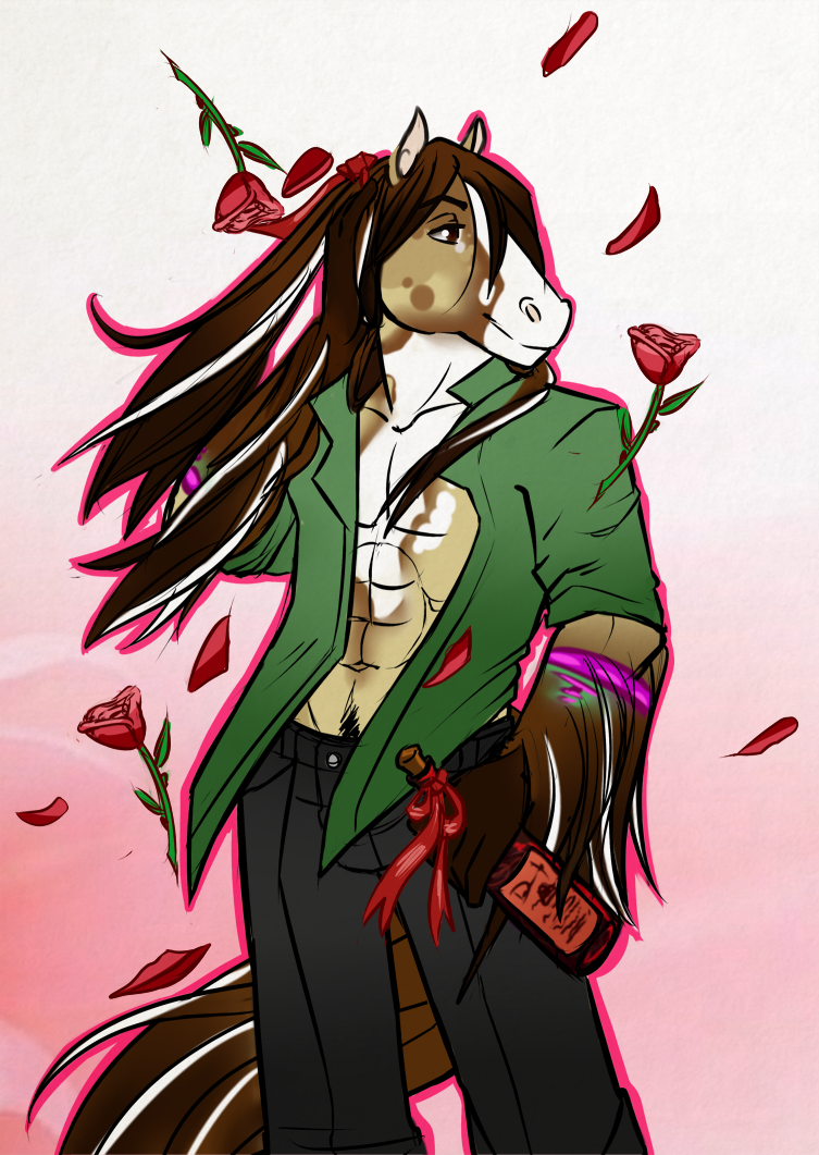 2015 abs alcohol anthro athletic beverage bottle brown_eyes brown_fur brown_hair brown_tail clothed clothing digital_media_(artwork) equine flower flower_petals front_view fur gradient_background hair holding_bottle holding_object horse jazzcafe long_hair long_tail male mammal multicolored_fur multicolored_hair navel open_shirt pants petals plant portrait rose rose_petals scarlet-frost shirt simple_background solo standing tan_fur three-quarter_portrait two_tone_hair two_tone_tail white_fur white_hair white_tail wine