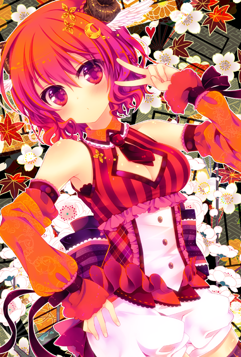 black_neckwear breasts cleavage cleavage_cutout detached_sleeves hair_ornament hand_on_hip heart konno_kengo looking_at_viewer medium_breasts moon_(ornament) nail_polish necktie orange_hair original red_eyes short_hair short_necktie solo thighhighs v