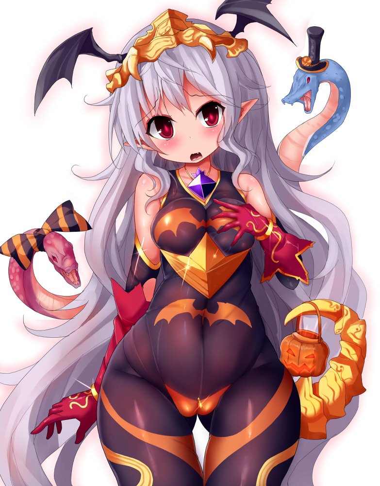 alternate_costume bangs bare_shoulders bat bat_wings black_hat bodystocking bone bracelet breasts cameltoe covered_navel elbow_gloves gloves gorgon granblue_fantasy groping hair_between_eyes halloween halloween_costume hand_on_own_chest hat head_wings headpiece jack-o'-lantern jewelry lavender_hair long_hair looking_at_viewer medusa_(shingeki_no_bahamut) nagai_wataru open_mouth pointy_ears red_eyes red_gloves shingeki_no_bahamut simple_background small_breasts snake snake_hair solo spine tail thigh_gap top_hat very_long_hair white_background wings