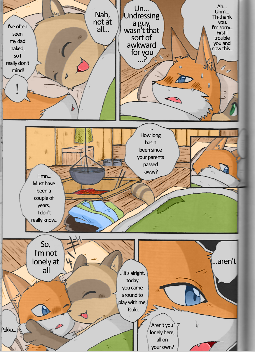 anthro canine comic dialogue duo english_text female fox male mammal manga mikaduki_karasu nude pokko raccoon text translated tsuki