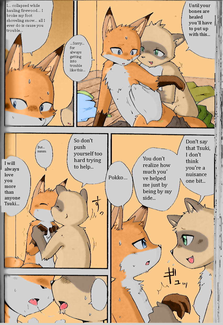 anthro canine comic dialogue duo english_text female fox male male/female mammal manga mikaduki_karasu nude pokko raccoon text translated tsuki