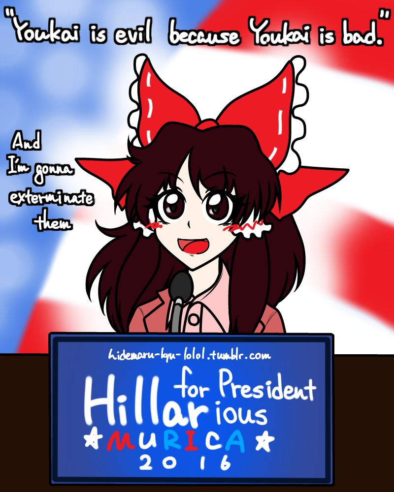 bow brown_eyes brown_hair english hakurei_reimu hidemaru-kyu hillary_clinton jacket parody pink_jacket pink_shirt politician politics red_bow shirt touhou