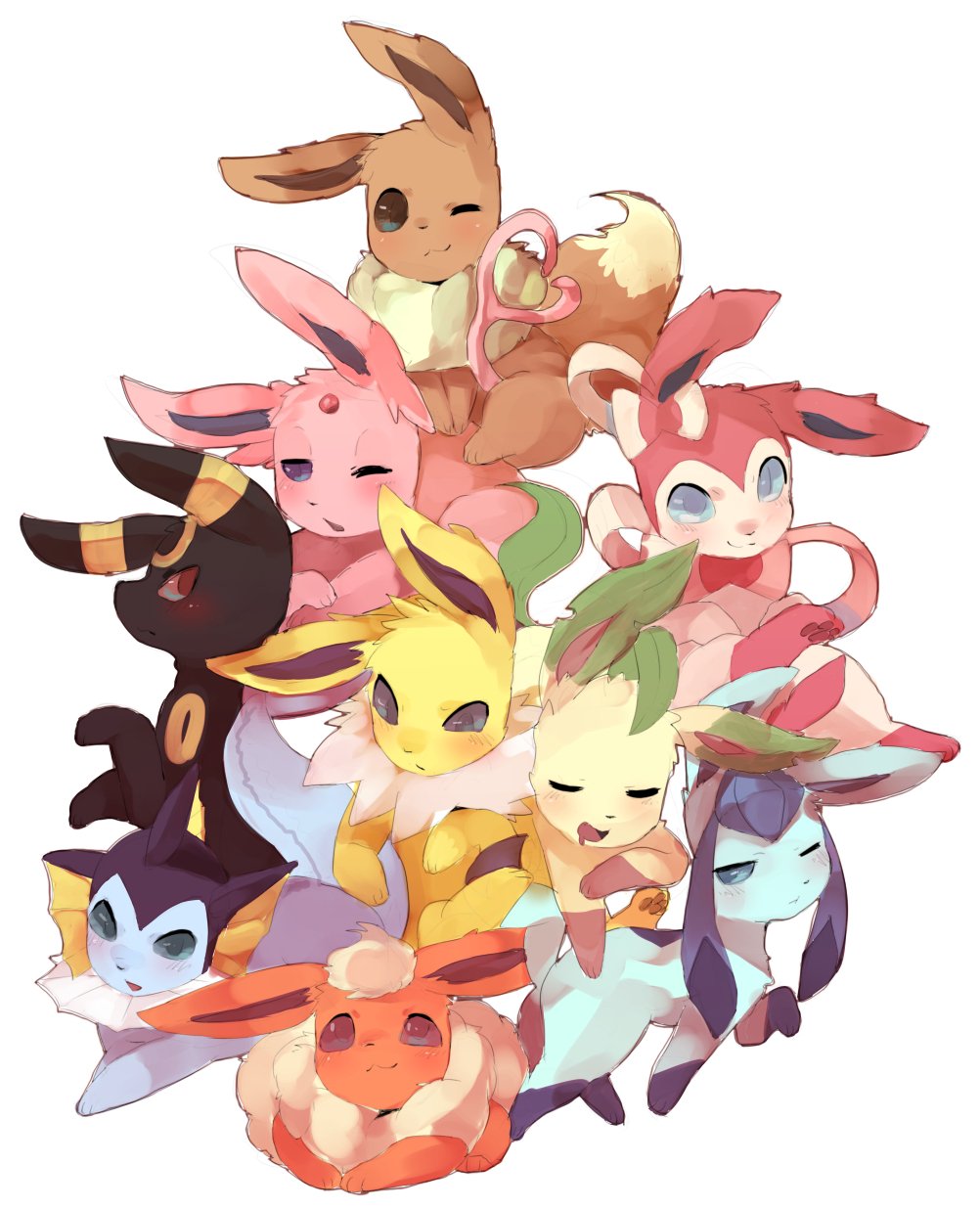 2016 black_fur blue_eyes blush drooling eevee eeveelution espeon eyes_closed feral flareon forehead_gem fur glaceon group jolteon leafeon looking_at_viewer lying mammal nintendo one_eye_closed open_mouth pink_fur pok&eacute;mon red_eyes red_fur saliva side_view simple_background smile sylveon tired umbreon vaporeon video_games white_background yellow_fur ぬこちー