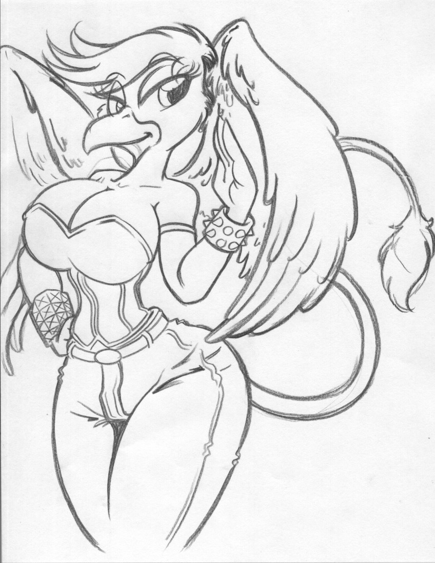 2016 avian bracelet breasts cleavage clothed clothing female friendship_is_magic gilda_(mlp) gryphon jewelry king-cheetah monochrome my_little_pony sketch solo spiked_bracelet spikes