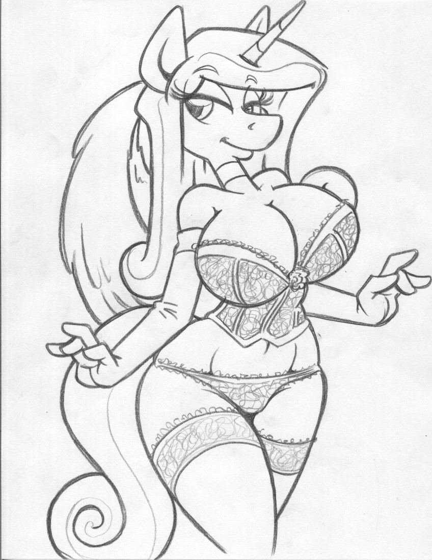 2016 anthro anthrofied breasts cleavage clothed clothing corset equine female friendship_is_magic horn king-cheetah legwear lingerie mammal monochrome my_little_pony panties princess_cadance_(mlp) sketch solo stockings underwear winged_unicorn wings