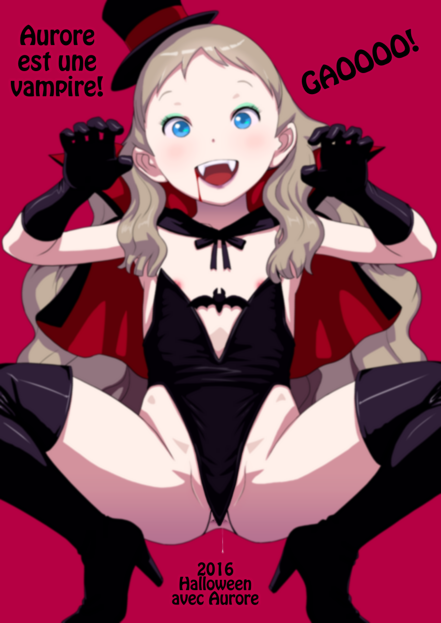 1girl 2016 black_gloves blonde_hair blood blue_eyes cape costume fangs flat_chest gloves halloween hat looking_at_viewer navel open_mouth original partially_visible_anus partially_visible_vulva pussy_juice pussy_juice_drip shiny shiny_hair simple_background solo squatting takatou_sora vampire