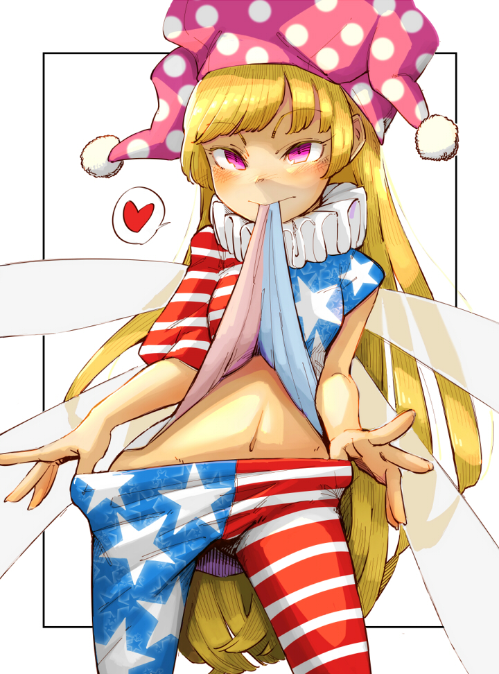 american_flag_dress american_flag_legwear bangs blonde_hair clownpiece commentary_request cowboy_shot daitai_konna_kanji dress fairy_wings hat heart jester_cap long_hair mouth_hold neck_ruff pantyhose pantyhose_pull pink_eyes polka_dot simple_background solo spoken_heart standing star star_print striped touhou very_long_hair white_background wings