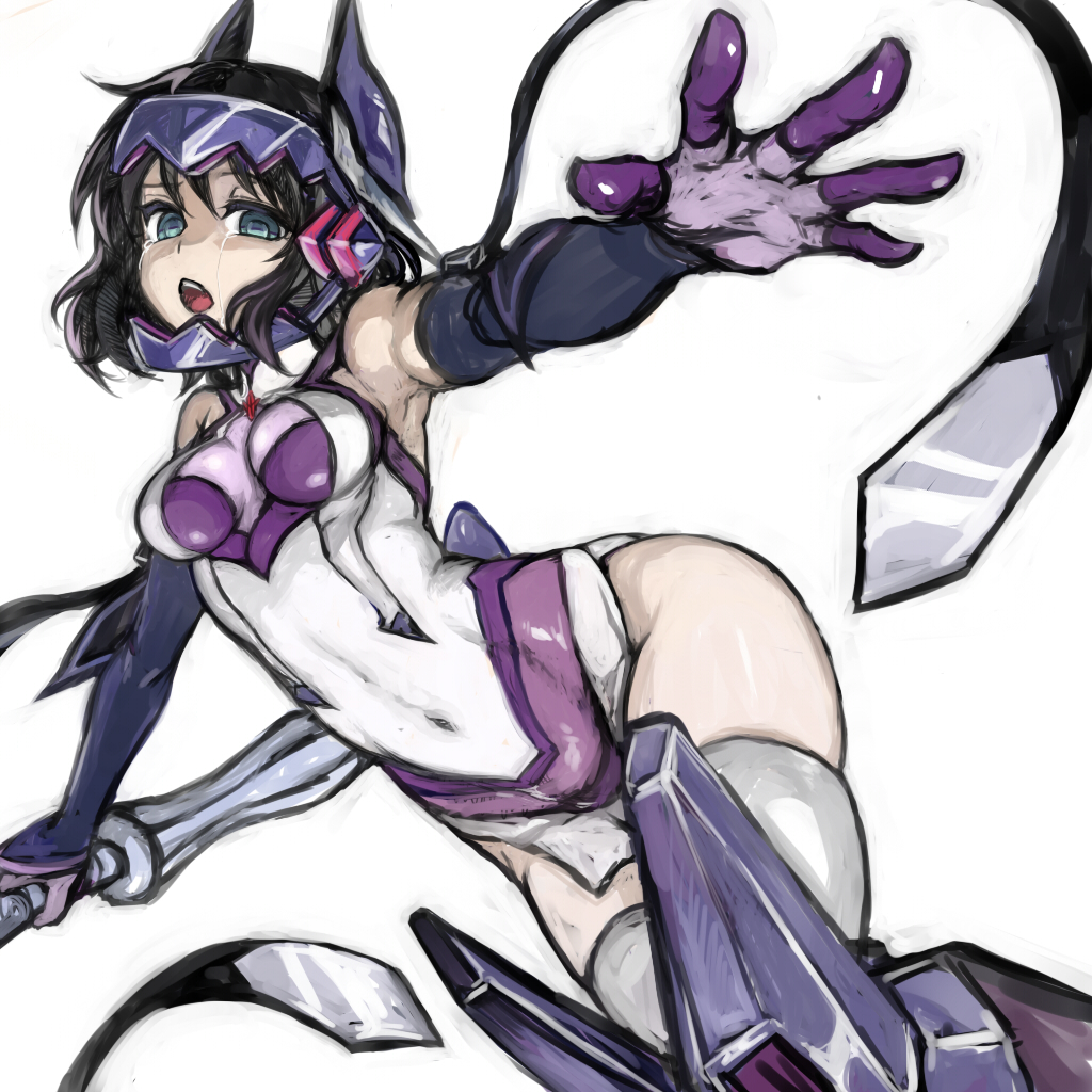 armor armored_boots bare_shoulders black_hair bodysuit boots breasts covered_navel elbow_gloves empty_eyes gloves green_eyes headgear holding holding_weapon kohinata_miku legs_together looking_at_viewer medium_breasts open_mouth outstretched_arm puru senki_zesshou_symphogear short_hair simple_background skin_tight solo tears teeth thighhighs thighs weapon white_background