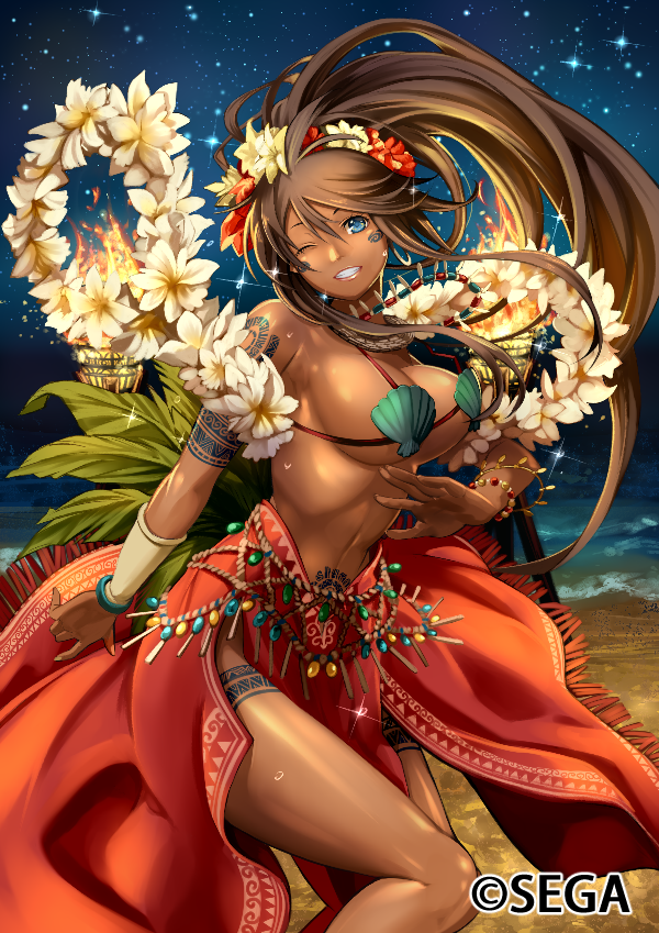 ;) beach bead_bracelet beads blue_eyes bracelet breasts brown_hair chain_chronicle commentary_request dancer dancing dark_skin facial_tattoo flower grin i-la jewelry large_breasts leaf lei long_hair looking_at_viewer navel necklace night night_sky official_art one_eye_closed original pelvic_curtain plumeria ponytail sarong shell shell_bikini sideboob sky smile solo star_(sky) starry_sky stomach sweat tattoo torch underboob very_long_hair