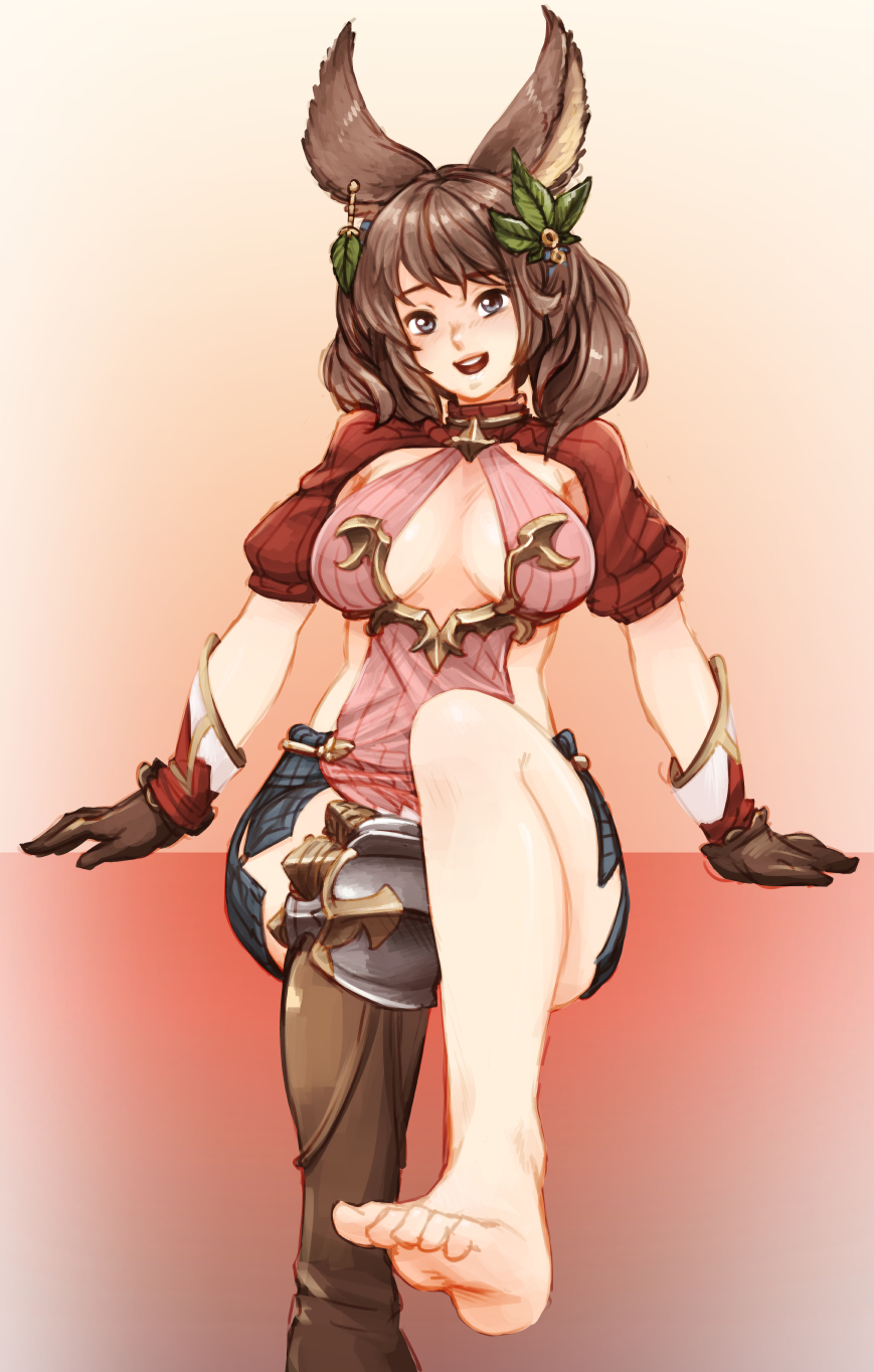 :d animal_ears barbariank barefoot boots breasts brown_hair cleavage erune eyebrows_visible_through_hair feet gloves granblue_fantasy grey_eyes hair_ornament highres la_coiffe_(granblue_fantasy) leaf_hair_ornament legs long_hair looking_at_viewer medium_breasts miniskirt open_mouth puffy_sleeves short_sleeves single_boot sitting skirt smile solo thighhighs