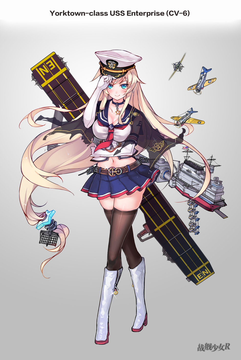 aircraft airplane american_flag belt blonde_hair blue_eyes boots breasts brown_legwear cape character_name choker cleavage commentary_request copyright_name crossed_legs elbow_gloves enterprise_(zhan_jian_shao_nyu) flight_deck full_body g.h_(gogetsu) gloves grey_background hat highres knee_boots large_breasts long_hair looking_at_viewer low-tied_long_hair machinery mecha_musume midriff miniskirt navel official_art pleated_skirt rigging sbd_dauntless skirt smile text_focus thighhighs very_long_hair watson_cross white_footwear white_gloves white_legwear zettai_ryouiki zhan_jian_shao_nyu