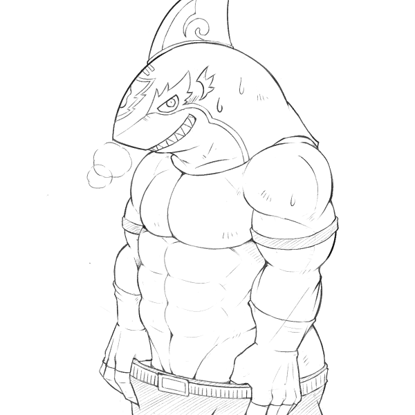 abs anthro clothed clothing fish looking_at_viewer male marine monochrome muscular pants_down partially_clothed pecs shark simple_background solo undressing urakata5x white_background