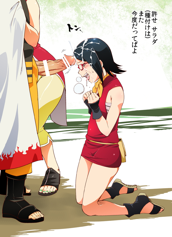 1boy 2girls black_hair censored clothes cum cum_on_hair facial female fingerless_gloves gloves haruno_sakura hetero kneeling legs male multiple_girls naruto open_mouth penis sandals sunahara_wataru toes uchiha_sarada uzumaki_naruto