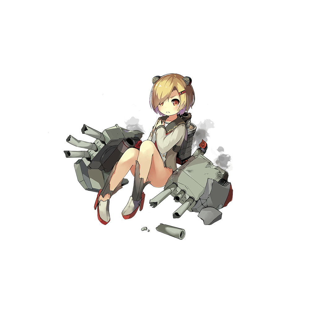 animal_ears bangs blonde_hair blush bottomless broken brown_eyes cannon closed_mouth damaged double-breasted fake_animal_ears frown full_body graf_spee_(zhan_jian_shao_nyu) hair_ornament hair_over_one_eye hairclip hand_on_own_shoulder knees_up lino-lin looking_at_viewer machinery official_art rigging sailor_collar sailor_shirt shirt shoes sitting smoke solo swept_bangs tears torn_clothes transparent_background turret white_footwear zhan_jian_shao_nyu
