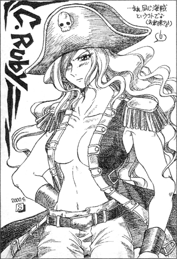 2000 :i annoyed artist_request belt blush breasts buttons capcom captain_kidd captain_kidd_(cosplay) character_name cleavage collarbone cosplay cowboy_shot epaulettes eyebrows greyscale hand_on_hip hat long_hair marvel_vs._capcom marvel_vs._capcom_2 medium_breasts monochrome navel no_bra number one_eye_covered open_clothes open_shirt pants pirate pirate_hat ruby_heart shirt skull snk solo stomach text_focus translation_request upper_body world_heroes wrist_cuffs