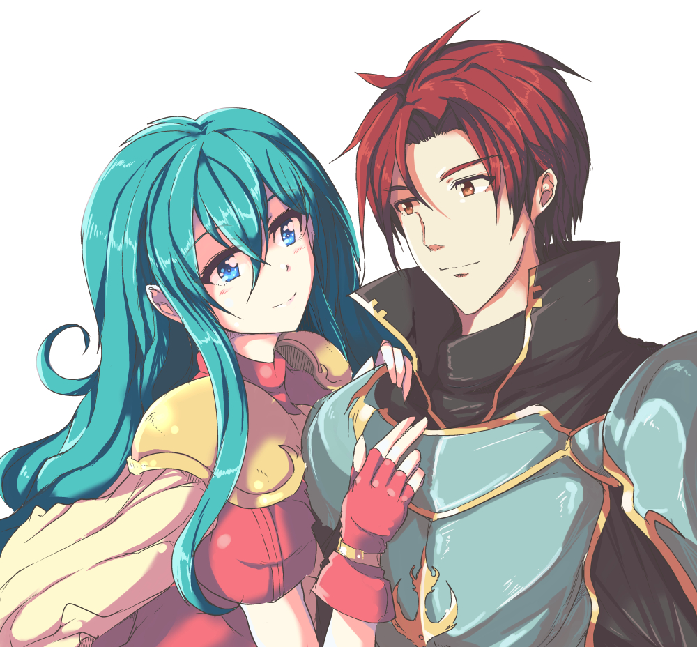 1girl aqua_hair armor bad_id bad_pixiv_id bangs blue_armor blue_eyes blush cape collar couple echizen_(hvcv) eirika fire_emblem fire_emblem:_seima_no_kouseki gloves hetero hug knight long_hair looking_at_another partly_fingerless_gloves puffy_short_sleeves puffy_sleeves red_eyes red_hair seth_(fire_emblem) short_hair short_sleeves sidelocks simple_background smile white_background