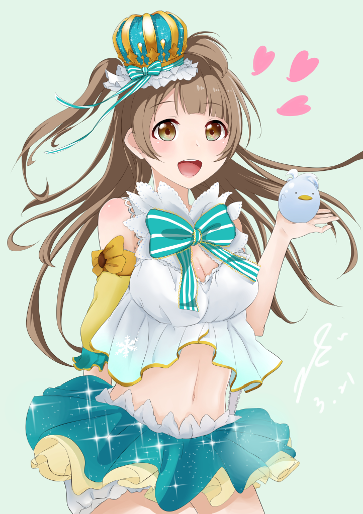 28aarts blue_background breasts brown_eyes brown_hair cleavage detached_sleeves eyebrows eyebrows_visible_through_hair green_ribbon hat holding large_breasts long_hair looking_at_viewer love_live! love_live!_school_idol_project minami_kotori minami_kotori_(bird) navel open_mouth ribbon shirt simple_background skirt solo striped striped_ribbon white_shirt