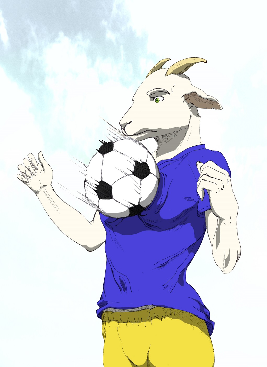 9x9 anthro ball breastbusting caprine female goat mammal pain sky soccer soccer_ball soccer_uniform sport tit_torture