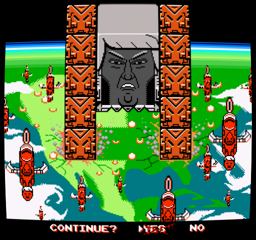 continents continue donald_trump earth fake_screenshot game_console mark_(mark_apilado_5) missile nes no_humans pixel_art real_life space totem_pole wall