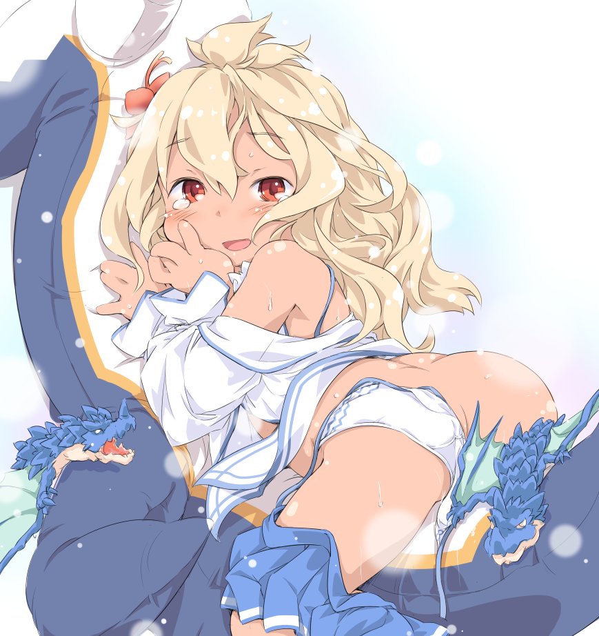 ass blonde_hair convenient_censoring dragon from_behind granblue_fantasy ham_(points) long_hair looking_back lying off_shoulder on_stomach open_clothes open_mouth open_shirt panties red_eyes shirt side-tie_panties skirt skirt_around_one_leg skirt_pull smile stuffed_toy tears underwear untied white_panties zooey_(granblue_fantasy)