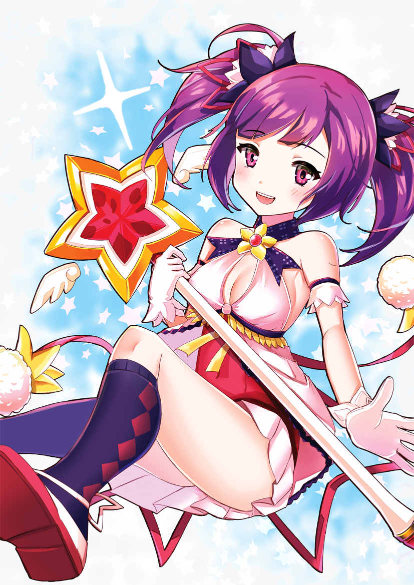 aisha_(elsword) argyle argyle_legwear battle_magician_(elsword) blue_background brooch curry_korokke elsword gloves holding holding_wand jewelry kneehighs looking_at_viewer md5_mismatch multicolored multicolored_clothes multicolored_legwear purple_eyes purple_hair purple_legwear shoes short_hair short_twintails skirt smile solo staff star twintails wand white_gloves