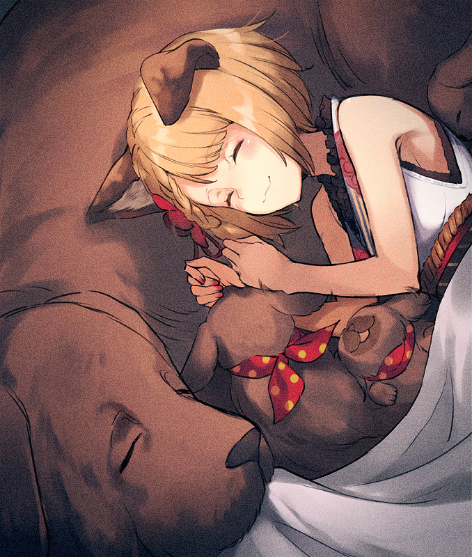 1girl animal_ears bare_shoulders blonde_hair braid dog dog_ears dress erune garjana granblue_fantasy hair_ribbon puppy ribbon rope shimenawa short_hair sleeping sleeveless sleeveless_dress smile vajra_(granblue_fantasy) white_dress yumekui