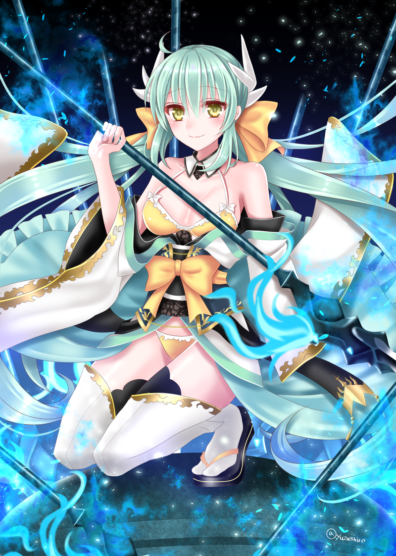 aqua_hair bikini blush breasts cleavage fate/grand_order fate_(series) horns japanese_clothes kiyohime_(fate/grand_order) kiyohime_(swimsuit_lancer)_(fate) long_hair medium_breasts polearm sandals smile solo spear squatting swimsuit thighhighs twitter_username weapon white_legwear yellow_bikini yellow_eyes yuzushiro