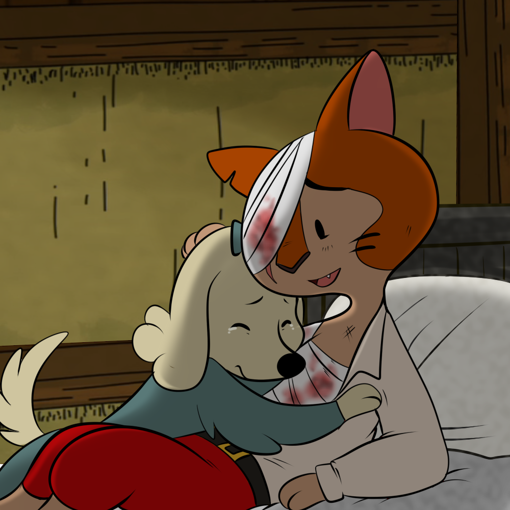 anne_kennel anthro bed blood bow canine cat crying dog feline female fur hug lonbluewolf male mammal orange_fur pillow pups_of_liberty sad smile tan_fur tears wounded