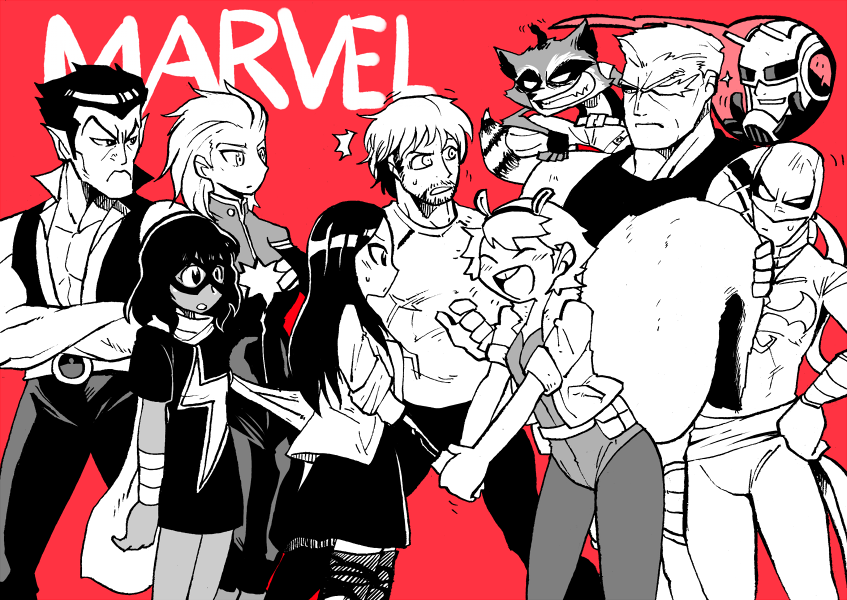 animal_ears animal_on_shoulder ant-man avengers:_age_of_ultron bare_chest beard bodysuit buck_teeth cable_(marvel) captain_marvel carol_danvers crossed_arms dark_skin dress facial_hair frown grin hairband handshake helmet iron_fist_(marvel) kamala_khan marvel mask miniboy monochrome ms._marvel namor open_mouth pietro_maximoff pointy_ears quicksilver rariatto_(ganguri) rocket_raccoon scarf scarlet_witch smile squirrel squirrel_ears squirrel_girl_(marvel) squirrel_tail superhero sweatdrop tail thighhighs vest wanda_maximoff x-men zettai_ryouiki