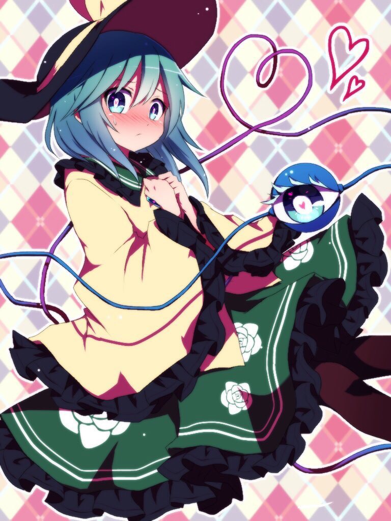 argyle argyle_background black_hat black_legwear blush commentary_request eyeball floral_print frilled_shirt_collar frilled_sleeves frills from_side green_skirt hat hat_ribbon heart heart-shaped_pupils heart_of_string komeiji_koishi long_sleeves looking_at_viewer looking_to_the_side nose_blush pantyhose petticoat ribbon shirt skirt solo sweat symbol-shaped_pupils third_eye touhou wide_sleeves yellow_ribbon yellow_shirt you_(noanoamoemoe)