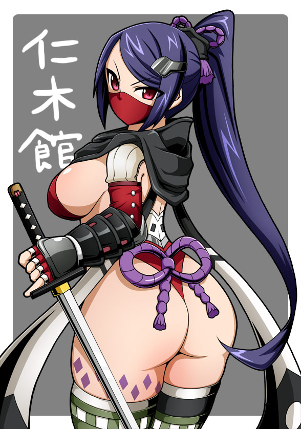 artist_request ass bodypaint breasts elbow_gloves face_mask facemask fishnets gloves huge_ass huge_breasts katana kunoichi leotard looking_back mask nikki_yakata nikki_yakata_(oshiro_project) ninja oshiro_project oshiro_project_re ponytail purple_hair red_eyes scarf shiny shiny_skin sweat sword thick_thighs thighhighs thighs thong_leotard weapon