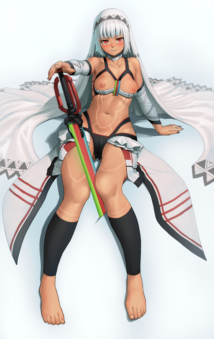 altera_(fate) ankle_wrap barefoot breasts breasts_apart breasts_outside dark_skin fate/grand_order fate_(series) highres lasterk leg_warmers looking_at_viewer nipples photon_ray reclining silver_hair small_breasts solo sword veil weapon