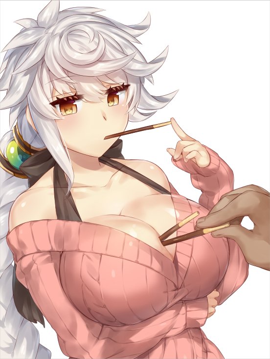aran_sweater bare_shoulders between_breasts blush braid breast_hold breasts cleavage collarbone food food_between_breasts food_in_mouth hair_ornament hands jitome kantai_collection large_breasts long_hair mouth_hold off-shoulder_sweater off_shoulder out_of_frame pocky pocky_day pov pov_hands ribbed_sweater silver_hair simple_background single_braid sleeves_past_wrists solo_focus sweater unryuu_(kantai_collection) white_background yamaarashi yellow_eyes