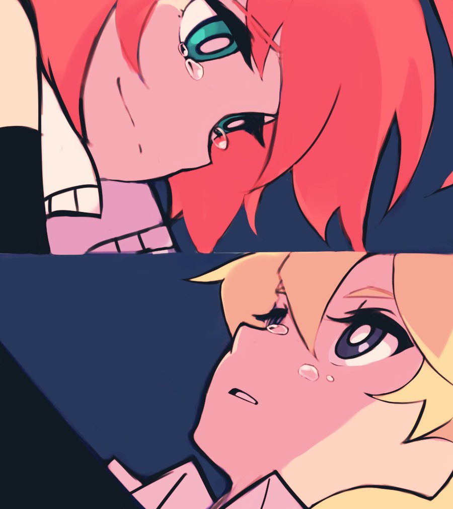 1girl 9_2fc alpha_omega_nova aqua_eyes bad_id bad_twitter_id blonde_hair blue_background blue_eyes creator_connection cropped_jacket crying crying_with_eyes_open elbow_gloves gloves luluco panty_&amp;_stocking_with_garterbelt parody red_hair short_hair simple_background smile split_screen spoilers tears trigger-chan uchuu_patrol_luluco