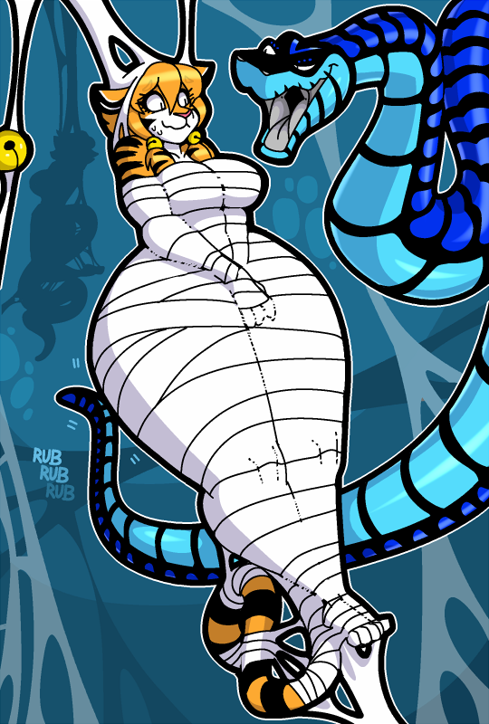 ambiguous_gender anthro bdsm bell black_stripes blue_scales bondage bound breasts cocoon feline female feral fur hair hypnofood mammal open_mouth orange_fur orange_hair reptile restrained sarrl sascha_(hypnofood) scales scalie short_hair silhouette snake stripes sweat sweatdrop thick_thighs tiger web wide_hips