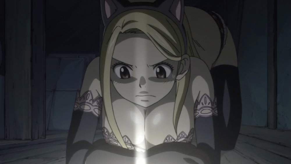 1girl animal_ears animated animated_gif breasts cat_ears cleavage fairy_tail lucy_heartfilia solo