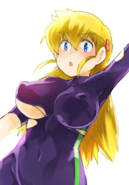 1girl arm_up bangs blonde_hair blue_eyes blush bodysuit breasts commentary_request covered_collarbone covered_navel erect_nipples eyebrows_visible_through_hair fuurinji_miu hair_down hair_ornament hairclip hannpen5500 large_breasts long_hair looking_at_viewer open_mouth shijou_saikyou_no_deshi_ken'ichi simple_background skin_tight solo standing torn_bodysuit torn_clothes upper_body white_background
